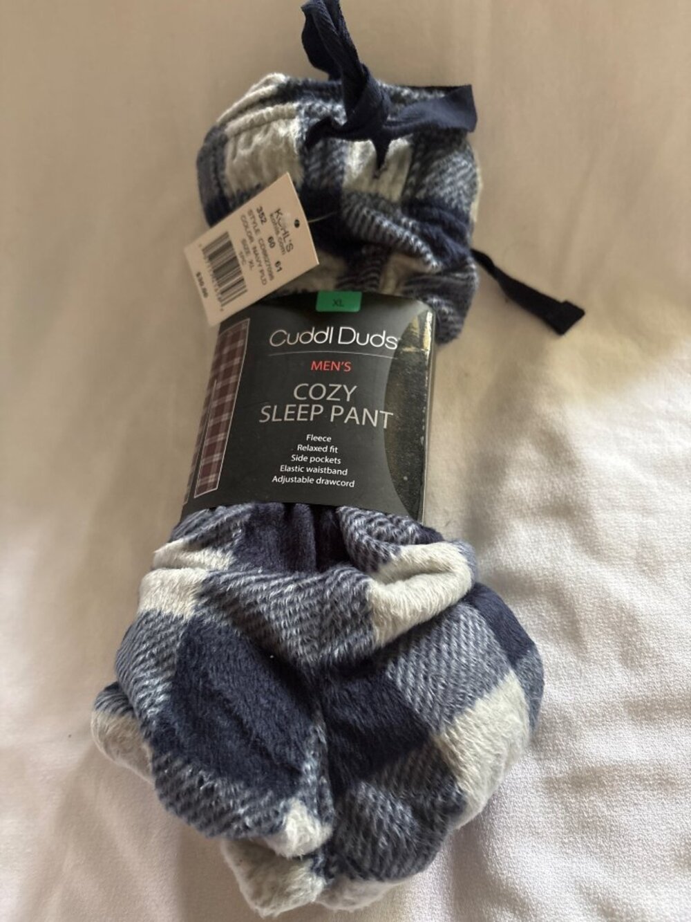Cuddl Duds Mens Cozy Sleep Pant XL Navy Plaid Fleece Relaxed Elastic Waistband